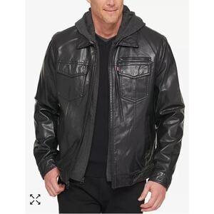 Levis Mens Faux Leather Trucker Bomber Jacket with Hood Black M